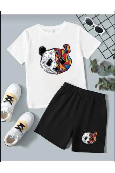 Pelna Model Trend Copii Costum Scurt Alb-Negru Bumbac Imprimat Panda Colorat
