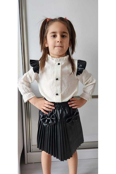 KZY STORE Costum pentru fetiță de 3-8 ani cu cămașă și fustă plisată din piele