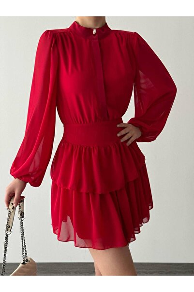 popibutik İnci Detay Korse Formlu Kat Etek Mini Boy Şifon Kumaş Kırmızı Elbise