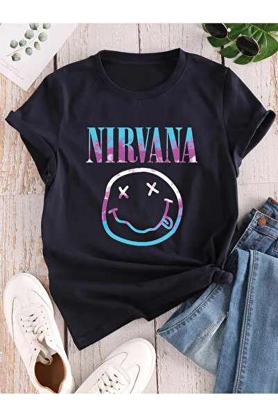 GALASHOP تي شيرت مطبوع عليه وجه مبتسم نيرفانا