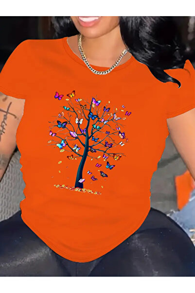 GALASHOP طاقم الرقبة فراشة شجرة مطبوعة تي شيرت