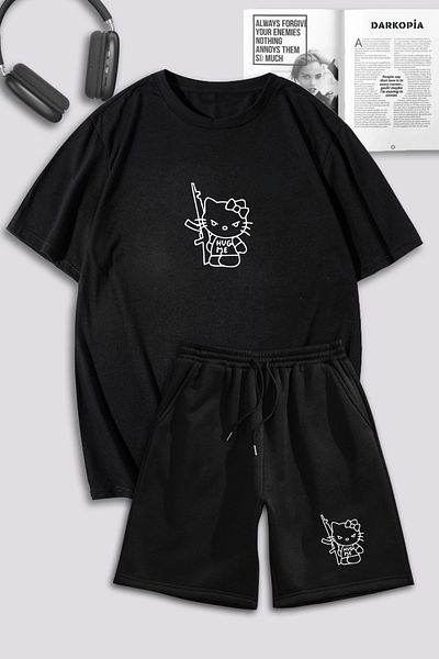 macklin Unisex Γυναικείες άντρες Hello Kitty Hug Me με στάμπα ειδικής σχεδίασης Σετ φόρμας μπλουζάκι και σορτς