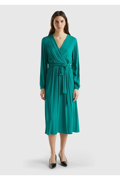 United Colors of Benetton Rochie dublu vâscoasă verde petrol - talie cu curea, mânecă lungă