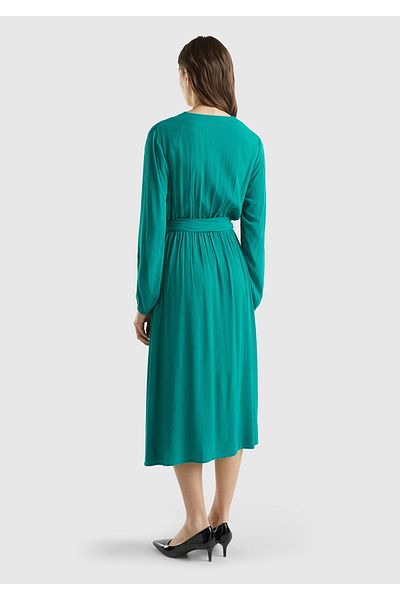 United Colors of Benetton Rochie dublu vâscoasă verde petrol - talie cu curea, mânecă lungă