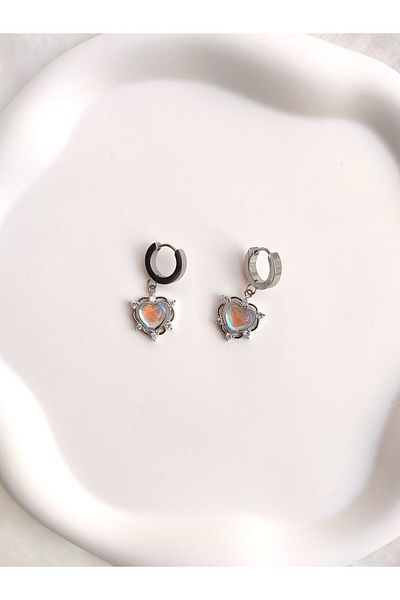 Evorya Opal Stone Stainless Heart Earrings - Women's Silver Steel