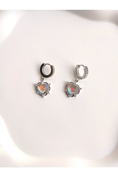 Evorya Opal Stone Stainless Heart Earrings - Women's Silver Steel