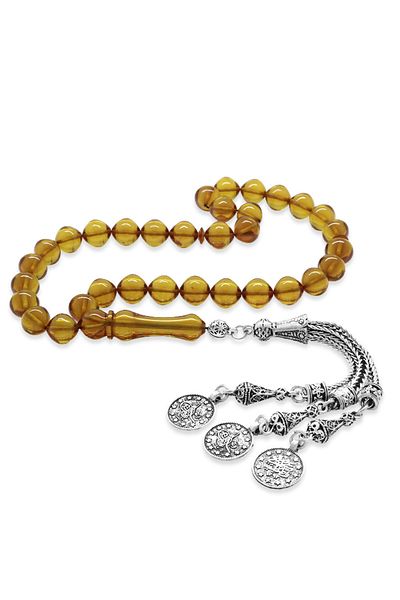 Tesbihane Tarnish Metal Mecidiye Tufted Istanbul Cut Yellow Fire Amber Prayer Beads