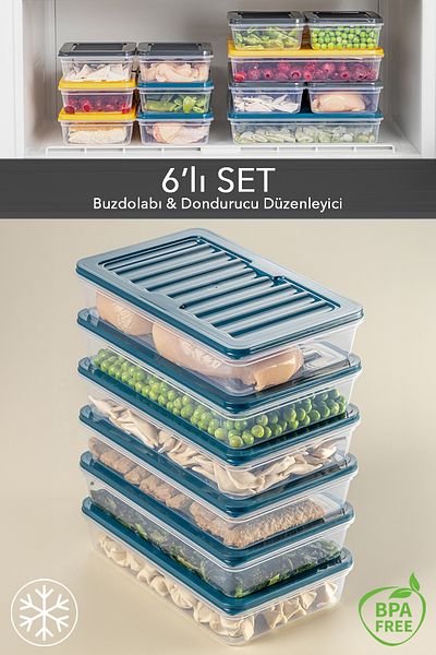 Meleni Home 6-Piece Refrigerator Organizer - Petrol Storage Container Suitable for Microwave and Diffraction 1200 ml