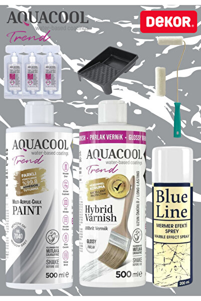 Aquacool Trend 500 Ml Mermer Efekt Tezgah Boyama Seti Akrilik Boya Katalizör Kadife Rulo Boyacı Tavası