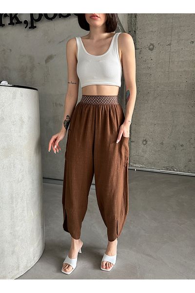 Laluvia Braune Baggy-Hose aus 100 % Baumwolle mit Gummidetails und Taschen