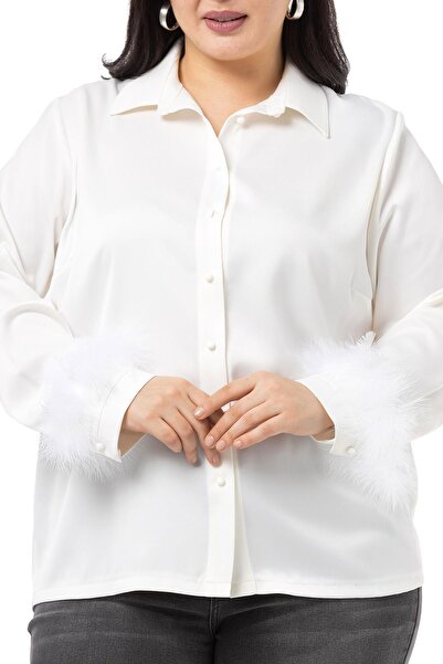 DISENTIS MODEST Plus Size Sleeve Feather Detailed Ball Button Satin White Shirt