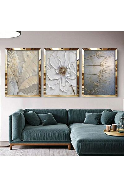 KOLAJTASARIM Çiçek Desenli 3'lü Gold Pleksili Tablo Seti