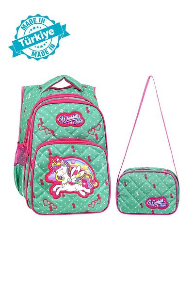 Waddell Rucsac și cutie de prânz pentru școală primară cu model de unicorn verde mentă licențiat