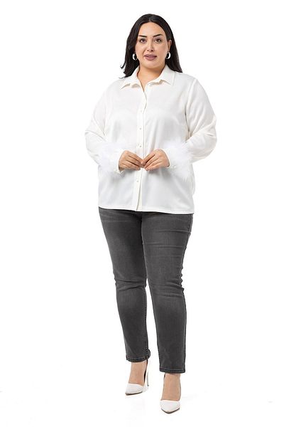 DISENTIS MODEST Plus Size Sleeve Feather Detailed Ball Button Satin White Shirt