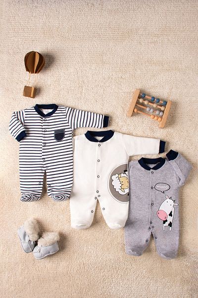 Mai Perla Baby Boy White Lamb Cow Patterned Set of 3 Snap Jumpsuit