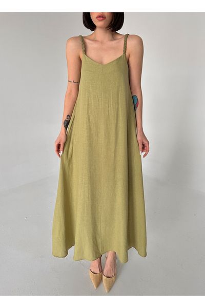 My Blog Rochie lungă din in color kaki cu bretele tricotate