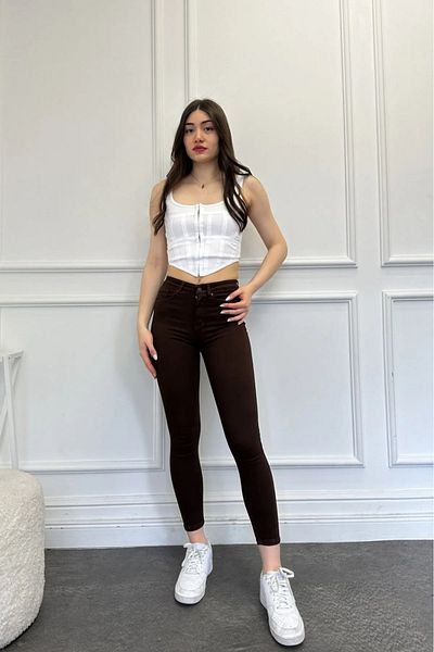 TugsatTasarTekstil Brown Skinny Leg Skinny High Elasticity and Recovery Women's Trousers