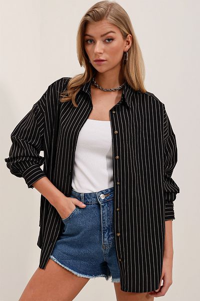 Bigdart Women's Black and White Striped Oversize Long Basic Shirt 3900