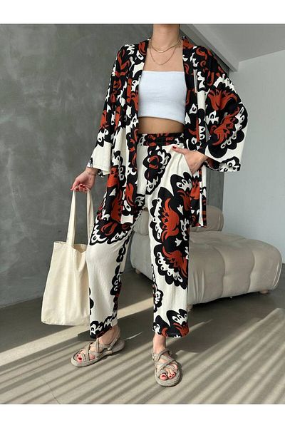 ubmbutik Women's Bottom Top Set - Wrapped Fabric - Wide Leg Palazzo Trousers - Kimono Top