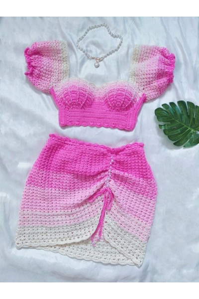 Sistaful Πλεκτό στο χέρι Γυναικεία Ροζ Μπουστάκι Φούστα Σετ 2 τεμαχίων