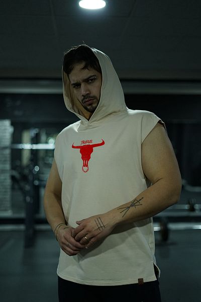 Oxlade Sports Tank Top Taurus Gym Plain Beige Hooded Fitness Tank Top Onstage®
