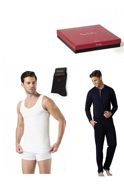 Pierre Cardin Men's Navy Blue-Grey Piping Groom Dowry Pajamas Socks Athlete Boxer Set 2000