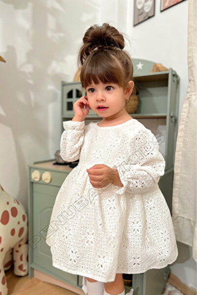 penu baby kids Beyaz Full Fisto Detaylı Uzun Kol Kız Bebek Elbise