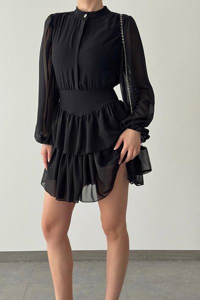 WOMAN VISION Rochie mini evazată pentru femei, neagră din șifon, mâneci, fustă transparentă, cu design stratificat, cu guler evazat 086