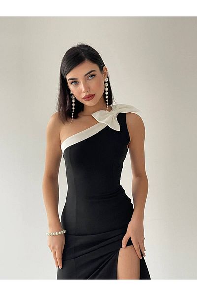conconmoda Women's Long Slit Atlas Ribbon Detail Dress