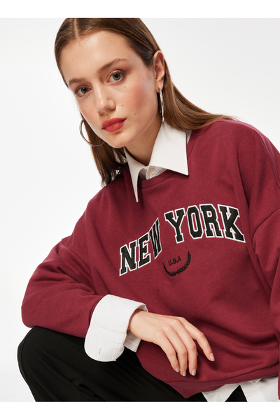 People By Fabrika Bisiklet Yaka Nakışlı Bordo Kadın Sweatshırt Spbf3wl-swt5001