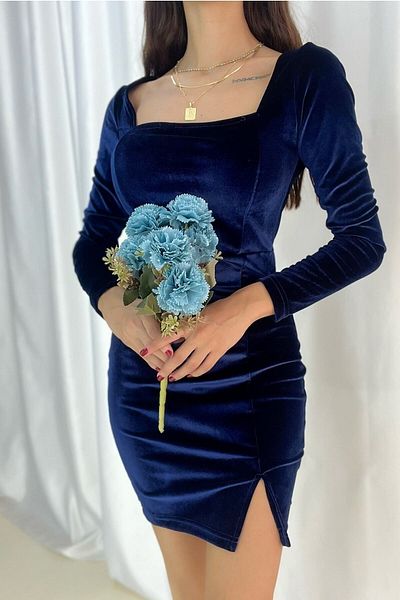 lovebox Flexible Velvet Fabric Slit Detailed Square Neck Long Sleeve Navy Blue Mini Evening Dress 582239