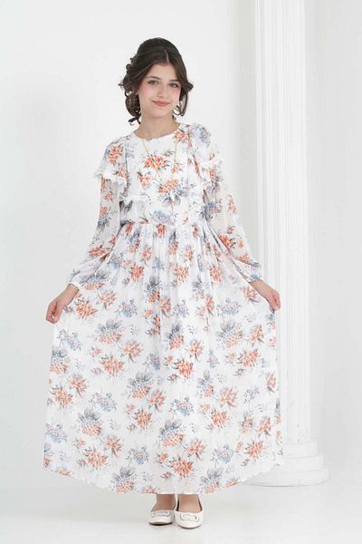 Jannock Young Girl Long Length Chiffon Floral Dress Suitable for Hijab