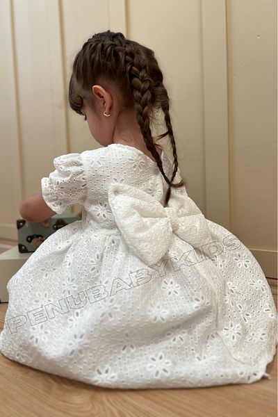 penu baby kids Λεπτομερές κοντό μανίκι βρεφικό φόρεμα σε λευκό πλήρες χτένι