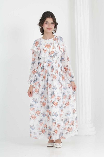 Jannock Young Girl Long Length Chiffon Floral Dress Suitable for Hijab