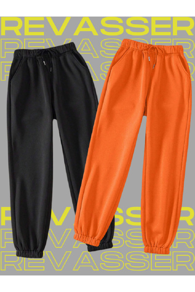 Revasser Unisex Kadın/Erkek 2'li Düz Özel Renkli Jogger Eşofman Altı