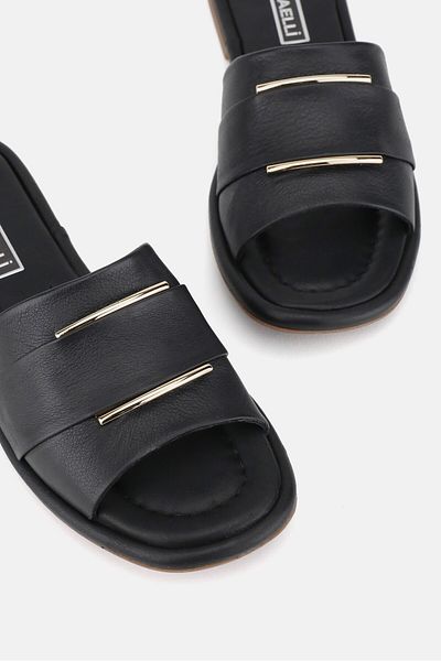 TUNAELLİ WOMEN'S BLACK GENUINE NATURAL LEATHER BUCKLE FLAT SLIPPERS