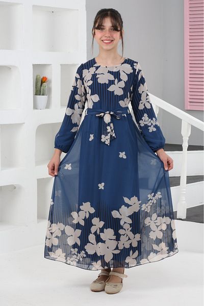 Asortik Kids Young Girl Long Sleeve Floral Patterned Chiffon Dress