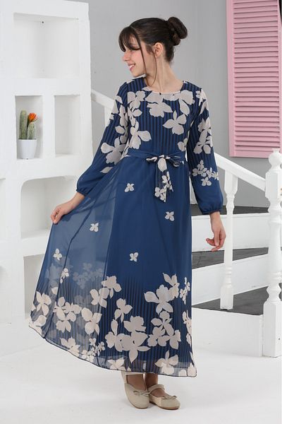 Asortik Kids Young Girl Long Sleeve Floral Patterned Chiffon Dress