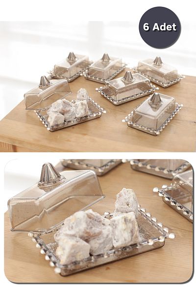 ARVALE 6 Pieces Beaded Rectangular Presentation Plastic Mini Turkish Delight Bowl Sugar Bowl Smoked
