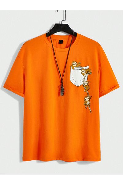 Black Sokak Orange Oversize Koala Printed Men's T-Shirt
