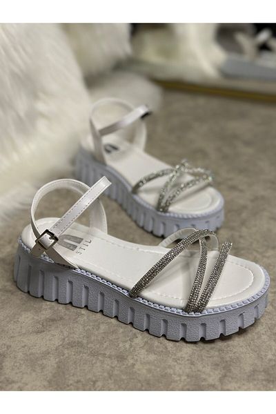 İmerShoes Daily Women's White Sandals with Stone Band Adjustable Buckle High Thick Heel Serrated Sole 279