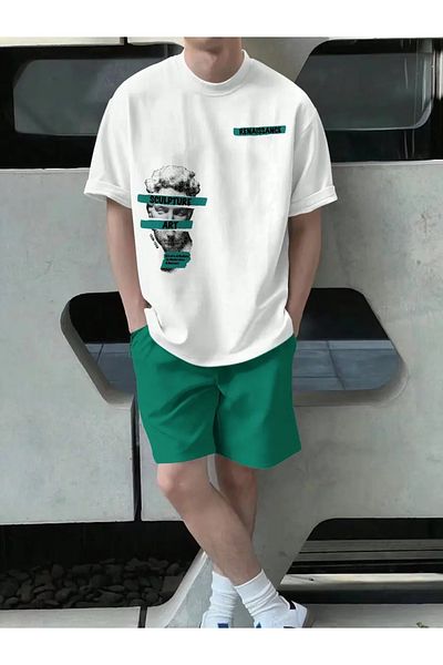 Benisengiydir Men's White Rennassience Printed Shorts Suit