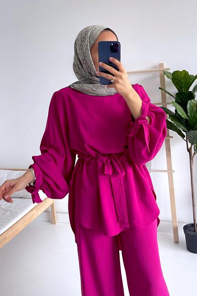 Ka Hijab Set 2 piese Hijab cu centură în talie - fucsia
