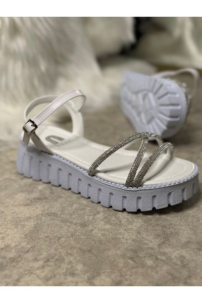 İmerShoes Daily Women's White Sandals with Stone Band Adjustable Buckle High Thick Heel Serrated Sole 279
