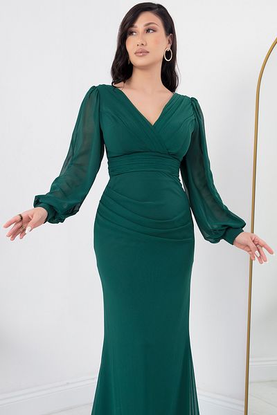 PULLIMM Long Sleeve Double Breasted Collar Chiffon Dress - DNS1515