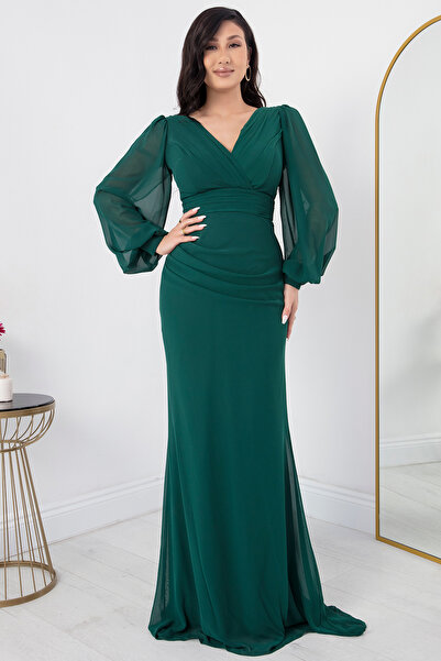 PULLIMM Kruvaze Yaka Uzun Kol Şifon Elbise DNS1515