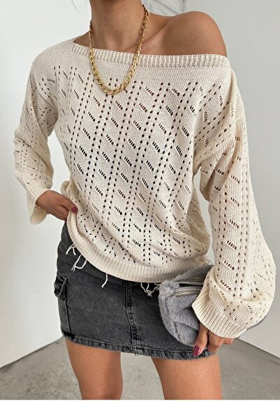 bayansepeti Μπεζ πλεκτό ύφασμα Madonna γιακά με κρόσσια Λεπτομερής Basic Oversize Μπλούζα 12312