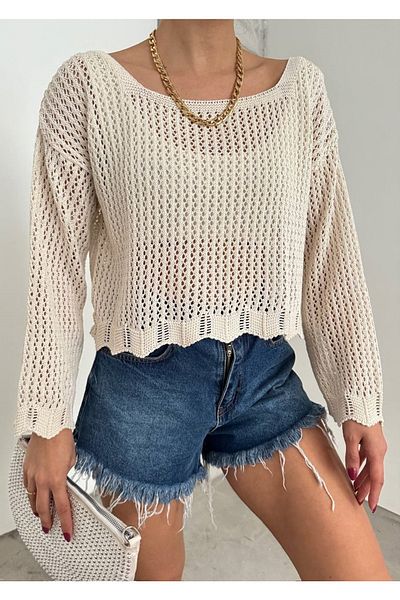 bayansepeti Beige Knitwear Fabric Wide Collar Knitted Design Basic Blouse 12311