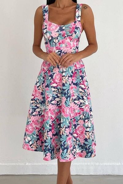 lovebox Women's Stretchy Diver Fabric U-Neck Thick Strap Flower Patterned Midi Evening Dress582573