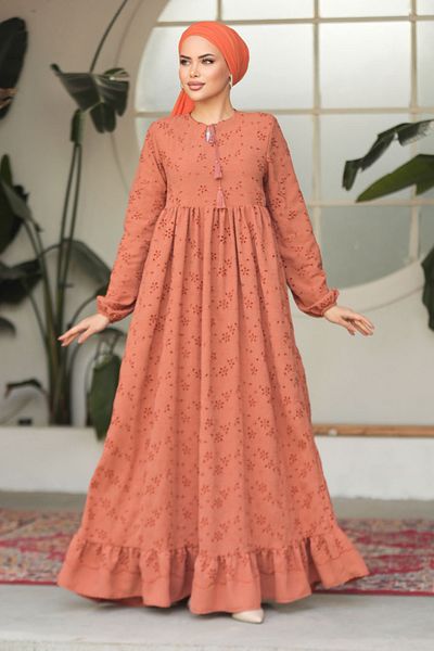 Neva Style Laced Tan Hijab Dress 23201TB